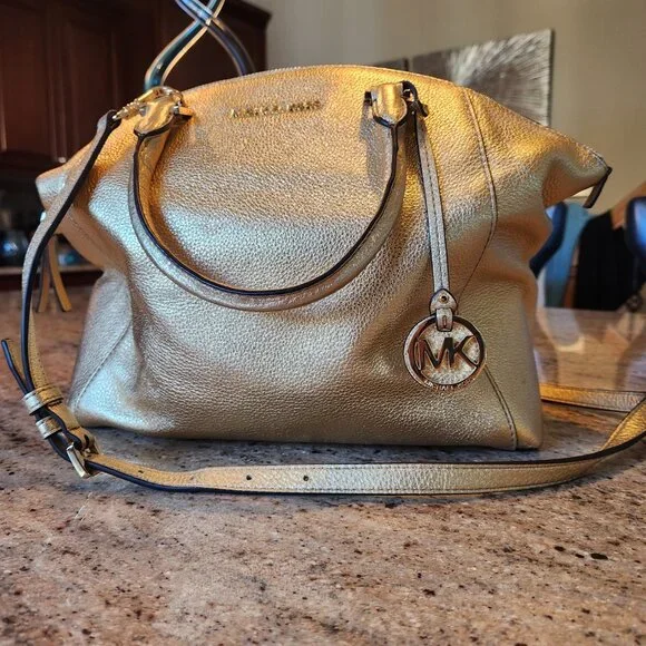 Michael Kors Gold Satchel Bowling Bag style w crossbody strap - Picture 2 of 16